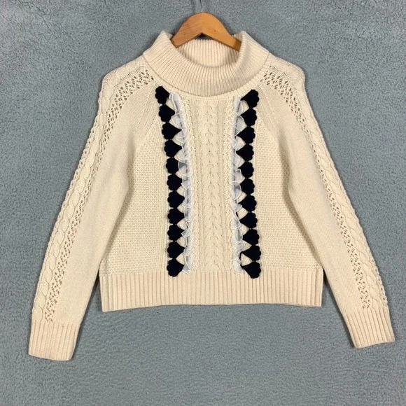 J.Crew Sweater Women Small Cream Cable Knit Ruffle Turtleneck Wool Blend NWT $89 - Picture 2 of 11